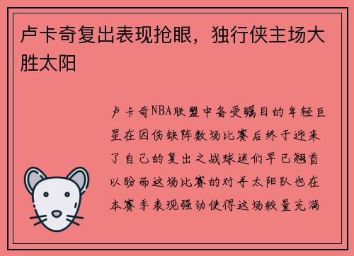 卢卡奇复出表现抢眼，独行侠主场大胜太阳